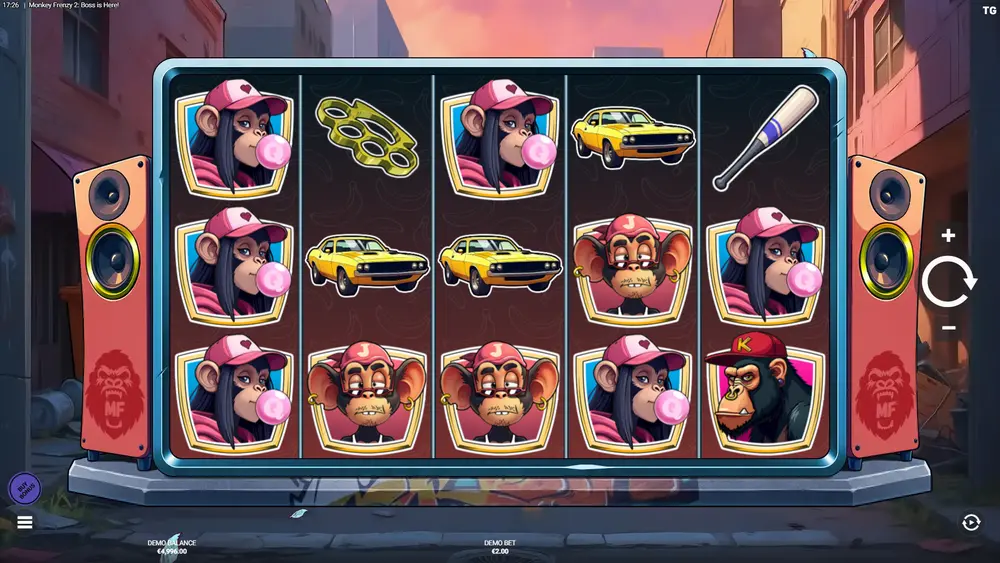 Monkey Frenzy 2 base game grid showing full symbol set including gang-themed monkey characters